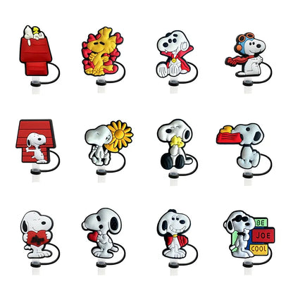Color: light yellow - 1-12PCS Cute  MINISO Snoopy Straw Cover Cap With 30&40Oz Cup10mm Straw Toppers Reusable Dust-Proof Straw Caps Cartoon Drink Stra