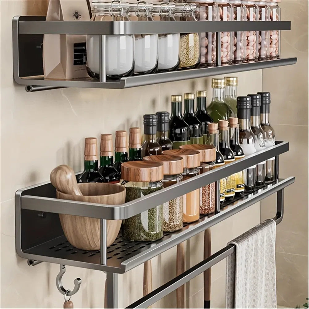 Color: multi - Multifunctional Kitchen and Bath Tray Wall-Mounted Aluminum Storage Rack Seasoning Bottle Storage Shelf Kitchen Storage Hooks