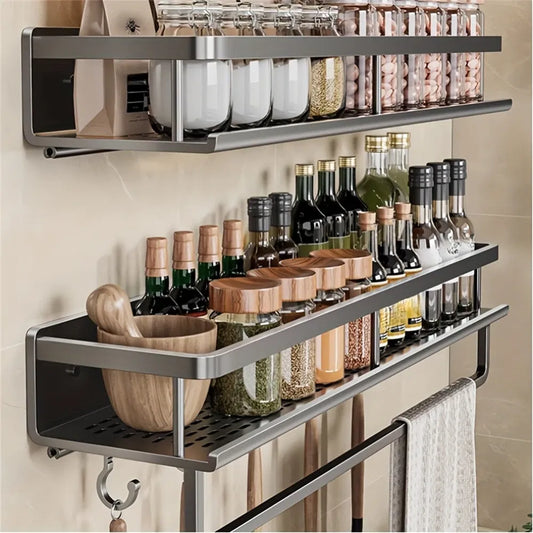 Color: DARK GRAY - Multifunctional Kitchen and Bath Tray Wall-Mounted Aluminum Storage Rack Seasoning Bottle Storage Shelf Kitchen Storage Hooks