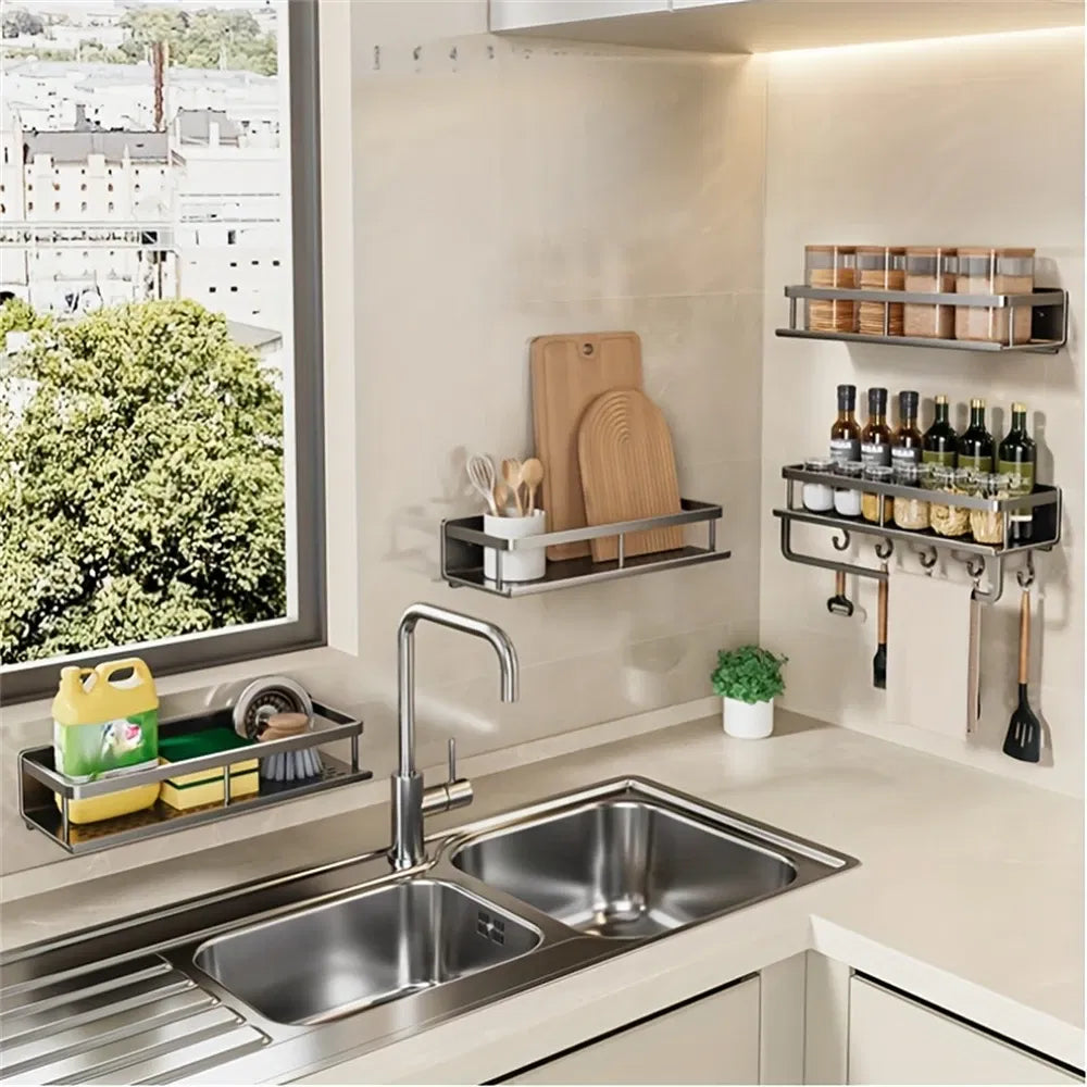 Color: Army Green - Multifunctional Kitchen and Bath Tray Wall-Mounted Aluminum Storage Rack Seasoning Bottle Storage Shelf Kitchen Storage Hooks