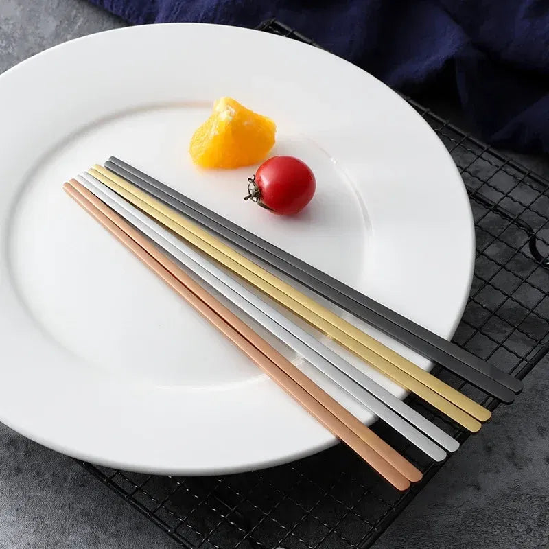 Color: Silver - 304 Stainless Steel Metal Chopsticks Tableware 1 Pair Non-Slip Chinese Chopstick Sushi Sticks Flatware Kitchen Accessories