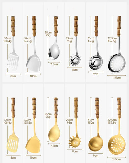 Color: light yellow - Natural bamboo handle stainless steel frying shovel Japanese-style soup spoon Creative new colander shovel kitchen utensils set
