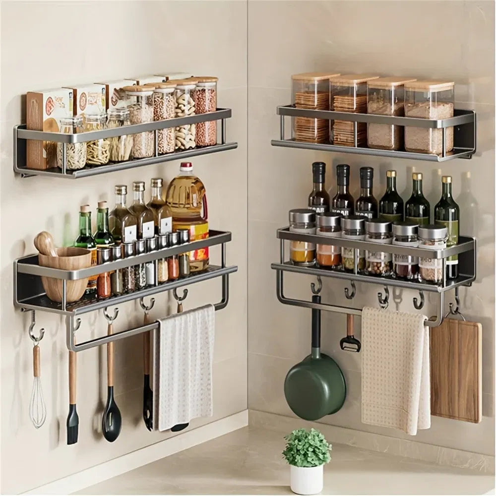 Color: DARK GRAY - Multifunctional Kitchen and Bath Tray Wall-Mounted Aluminum Storage Rack Seasoning Bottle Storage Shelf Kitchen Storage Hooks