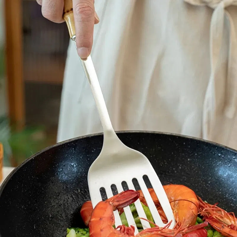 Color: Dark Grey - Natural bamboo handle stainless steel frying shovel Japanese-style soup spoon Creative new colander shovel kitchen utensils set