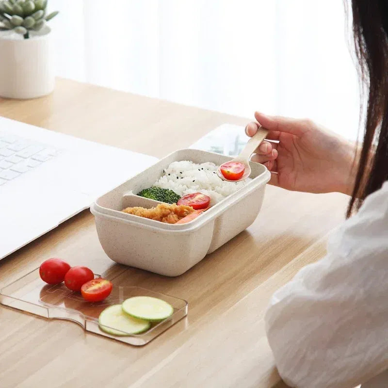 Color: Blue - 850/1100ML wheat straw lunch box bento box Microwave oven Students with lid canteen simple lunch box rectangular portable