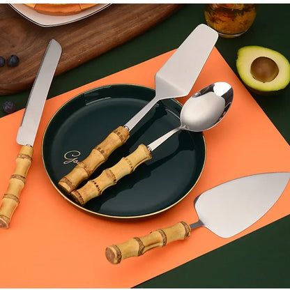 Color: light yellow - Nature Bamboo Pizza Cake Shovel Triangular Spatula Set Steel Stainless Cheese Slicer Cutter Knife,Butter Knife