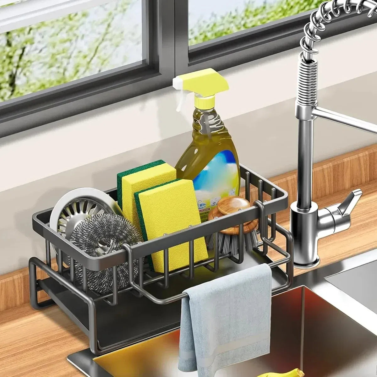 Color: plum - Kitchen Sink Drain Rack Organizer Sponge Storage Faucet Holder Soap Drainer Dishcloth Towel Rack Kitchen Sink Organizer