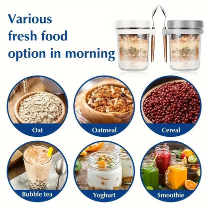 Color: Black, Capacity: 301-400ml - 350ML Overnight Oat Cup Glass With Lid And Spoon Seal Food Breakfast Cup Portable Cereal Milk Salad Yogurt Cup Kitchen Item