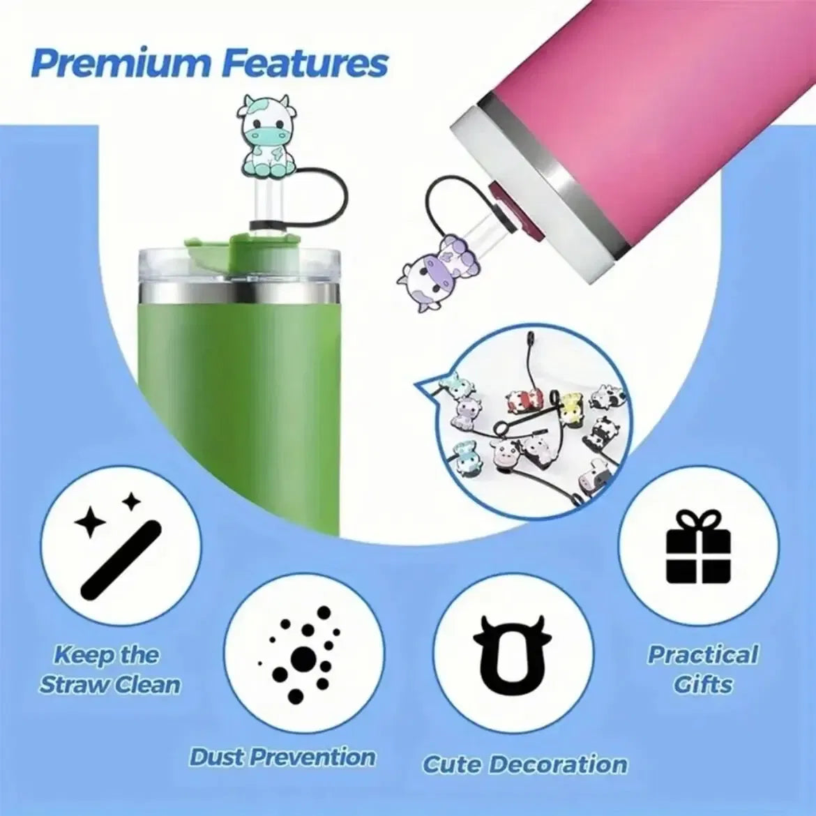 Color: Gold - 1-12PCS Cute  MINISO Snoopy Straw Cover Cap With 30&40Oz Cup10mm Straw Toppers Reusable Dust-Proof Straw Caps Cartoon Drink Stra