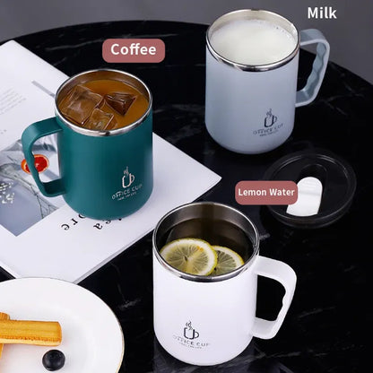 Color: black, Capacity: 401-500ml - 500ml/17oz 304 Stainless Steel Water Bottle Double Layers Coffee Mug Milk Cup With Plastic Lid And Handle