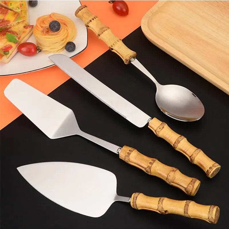 Color: light yellow - Nature Bamboo Pizza Cake Shovel Triangular Spatula Set Steel Stainless Cheese Slicer Cutter Knife,Butter Knife