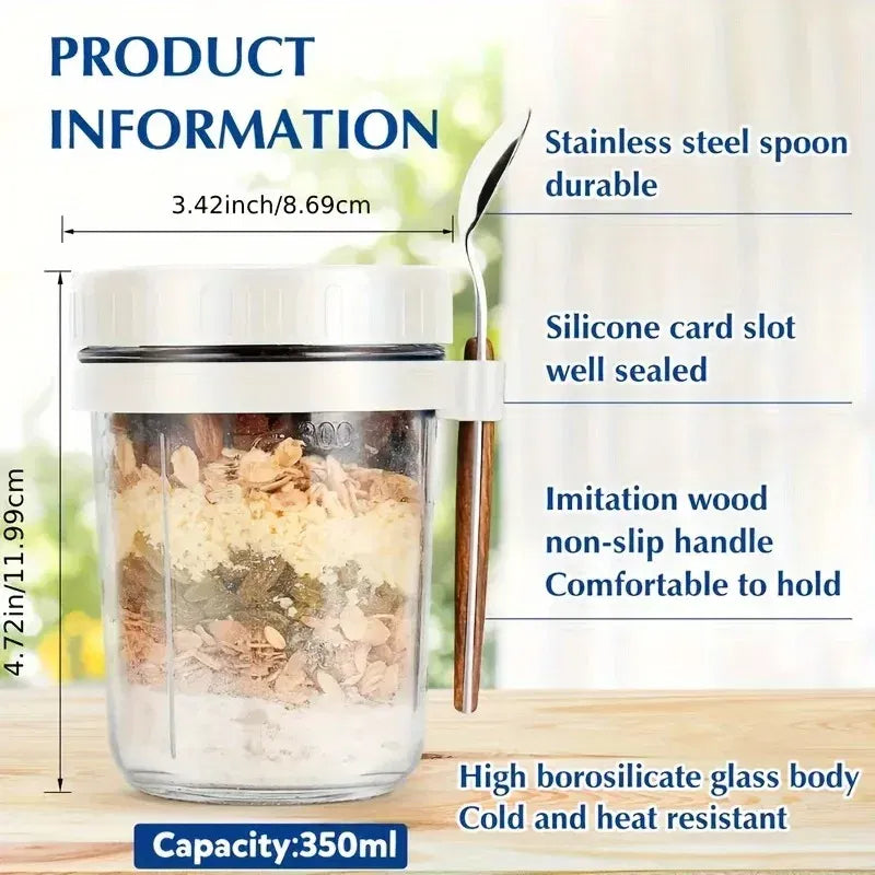 Color: Black, Capacity: 301-400ml - 350ML Overnight Oat Cup Glass With Lid And Spoon Seal Food Breakfast Cup Portable Cereal Milk Salad Yogurt Cup Kitchen Item