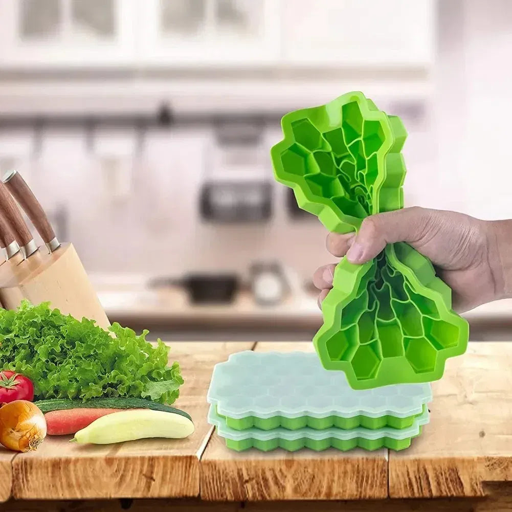 Color: Blue - 37 Cavity Honeycomb Ice Cube Trays Reusable Silicone Ice Cube Mold BPA Free Ice Maker with Removable Lids