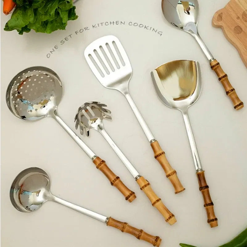 Color: Dark Grey - Natural bamboo handle stainless steel frying shovel Japanese-style soup spoon Creative new colander shovel kitchen utensils set