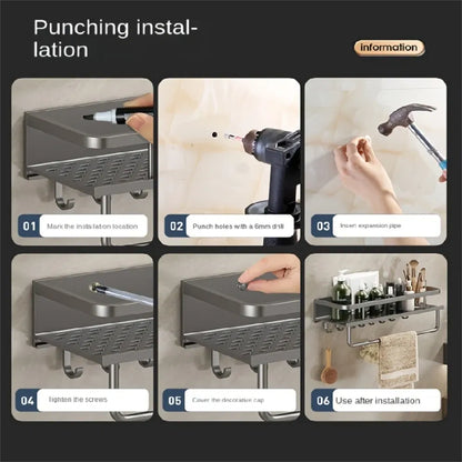 Color: DARK GRAY - Multifunctional Kitchen and Bath Tray Wall-Mounted Aluminum Storage Rack Seasoning Bottle Storage Shelf Kitchen Storage Hooks
