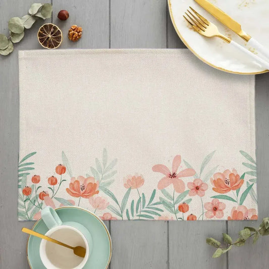 Color: Clear, Size: L - Floral Pattern Placemat Kitchen Decor Cotton Linen Boho Flower Dining Table Mats Coaster Pad Bowl Coffee Cup Mat 30x40CM