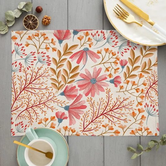 Color: Chocolate, Size: L - Floral Pattern Placemat Kitchen Decor Cotton Linen Boho Flower Dining Table Mats Coaster Pad Bowl Coffee Cup Mat 30x40CM