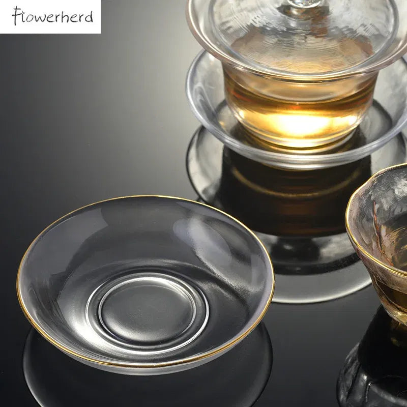 Color: Orange - Japanese Style Round Insulated Glass Tea Mat Saucer Teaware Creative Kung Fu Tea Set Cup Holder Phnom Penh Saucer