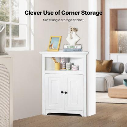 32" Corner Storage Cabinet, 3 Tiers Small Storage Cabinet with 2 Wooden Doors & Adjustable Shelves, Freestanding Corner Kitchen Cabinet for Living Room, Kitchen, Laundry Room, Bathroom, White