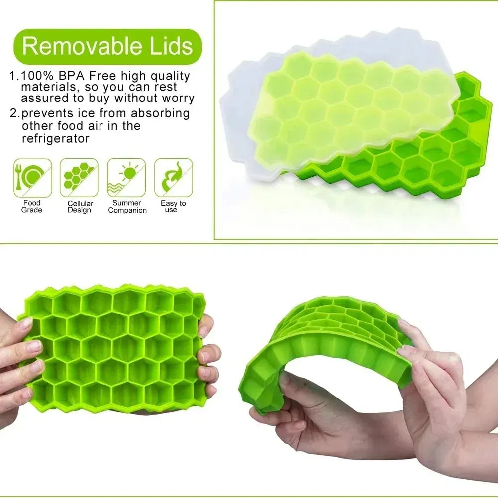 Color: Blue - 37 Cavity Honeycomb Ice Cube Trays Reusable Silicone Ice Cube Mold BPA Free Ice Maker with Removable Lids