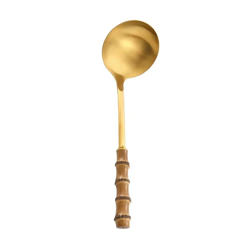 Color: light yellow - Natural bamboo handle stainless steel frying shovel Japanese-style soup spoon Creative new colander shovel kitchen utensils set