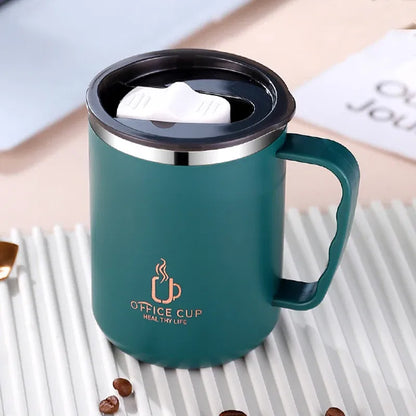 Color: black, Capacity: 401-500ml - 500ml/17oz 304 Stainless Steel Water Bottle Double Layers Coffee Mug Milk Cup With Plastic Lid And Handle