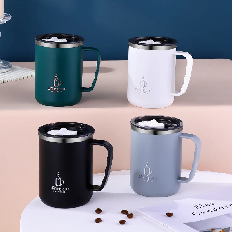 Color: black, Capacity: 401-500ml - 500ml/17oz 304 Stainless Steel Water Bottle Double Layers Coffee Mug Milk Cup With Plastic Lid And Handle