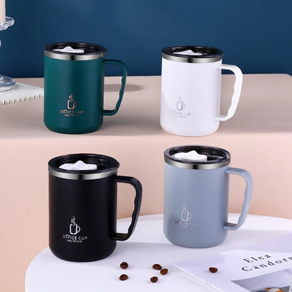 Color: black, Capacity: 401-500ml - 500ml/17oz 304 Stainless Steel Water Bottle Double Layers Coffee Mug Milk Cup With Plastic Lid And Handle