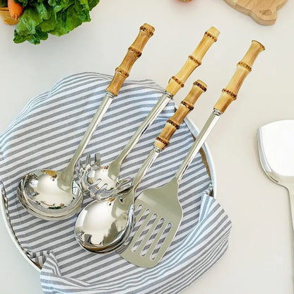 Color: Dark Grey - Natural bamboo handle stainless steel frying shovel Japanese-style soup spoon Creative new colander shovel kitchen utensils set