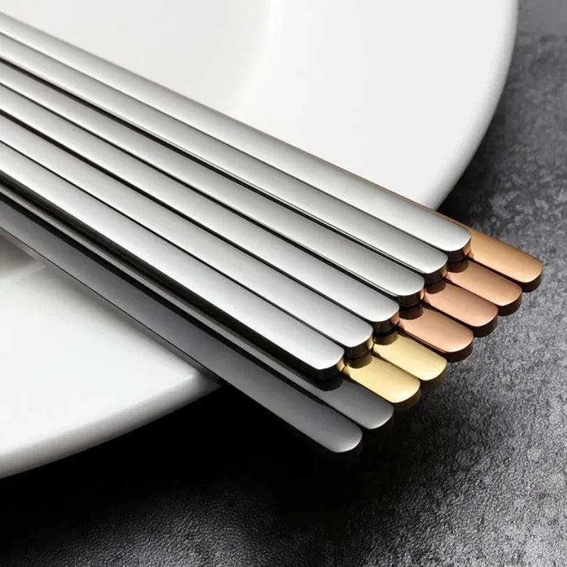 Color: Gold - 304 Stainless Steel Metal Chopsticks Tableware 1 Pair Non-Slip Chinese Chopstick Sushi Sticks Flatware Kitchen Accessories