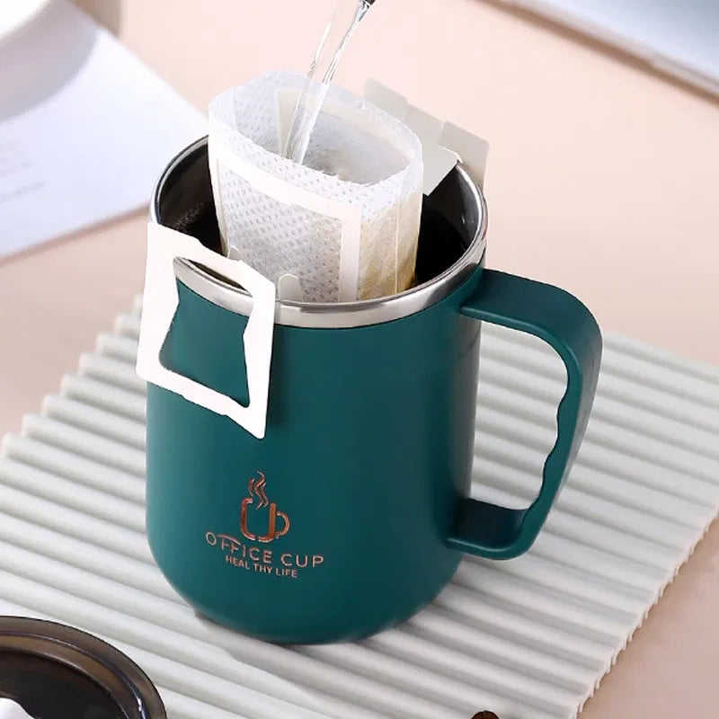 Color: black, Capacity: 401-500ml - 500ml/17oz 304 Stainless Steel Water Bottle Double Layers Coffee Mug Milk Cup With Plastic Lid And Handle