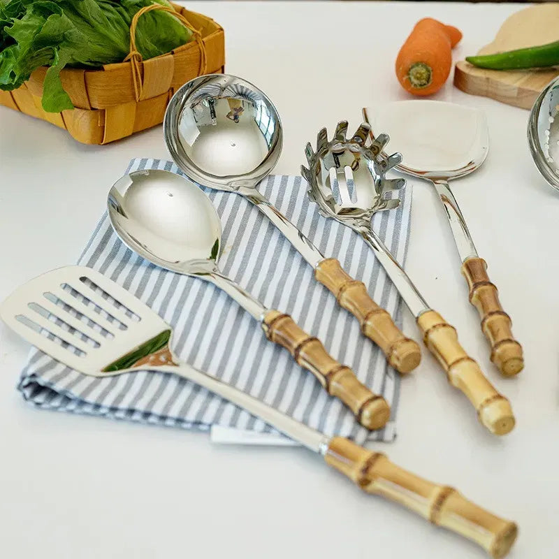 Color: light yellow - Natural bamboo handle stainless steel frying shovel Japanese-style soup spoon Creative new colander shovel kitchen utensils set