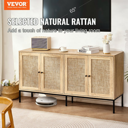 Rattan Cabinet, Rattan Storage Cabinet with 4 Magnetic Doors and Adjustable Shelves, Sideboard Buffet Cabinet for Hallway, Entryway, Living Room, or Kitchen, Natural