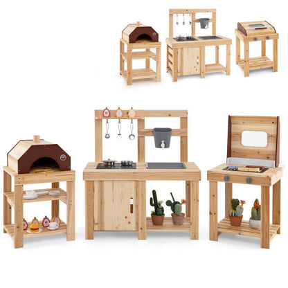 3-Piece Outdoor Kitchen Set Mud Kitchen with Separate BBQ Grill and Pizza Oven-Natural - Color: Natural