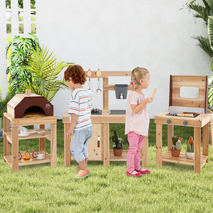 3-Piece Outdoor Kitchen Set Mud Kitchen with Separate BBQ Grill and Pizza Oven-Natural - Color: Natural