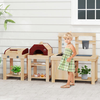 3-Piece Outdoor Kitchen Set Mud Kitchen with Separate BBQ Grill and Pizza Oven-Natural - Color: Natural