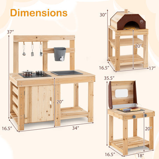3-Piece Outdoor Kitchen Set Mud Kitchen with Separate BBQ Grill and Pizza Oven-Natural - Color: Natural