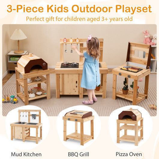 3-Piece Outdoor Kitchen Set Mud Kitchen with Separate BBQ Grill and Pizza Oven-Natural - Color: Natural
