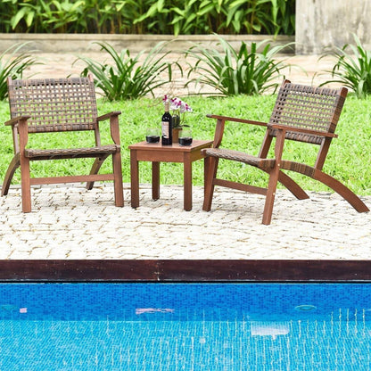 Solid Wood and Rattan 3-Piece Outdoor Patio Furniture Table Chairs Set