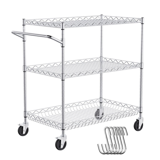 Kitchen Utility Cart, 3 Tiers, Wire Rolling Cart with 661LBS Capacity, Steel Service Cart on Wheels, Metal Storage Trolley with 80mm Deep Basket Curved Handle 6 Hooks, for Indoor and Outdoor Use