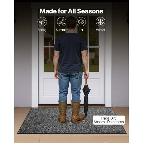 Front Door Mat, 5 x 3 ft Commercial Floor Mat for Indoor and Outdoor, Industrial Entrance Carpet with PVC Backing, Heavy Duty Washable Entry Rug for Hallway, Kitchen, Balcony, Garage, Grey