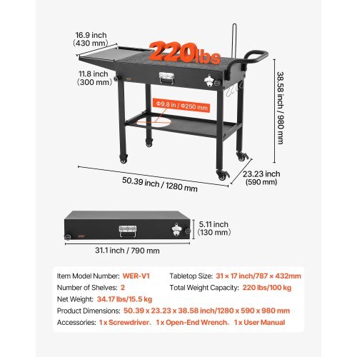 Outdoor Grill Cart, 31.0 x 17.0 inch Tabletop Size Grilling Table, Foldable Outdoor Cooking Table with Tissue Holder, Hooks, Wheels, Side Table, BBQ Prep Tables for Picnic, Kitchen, Courtyard