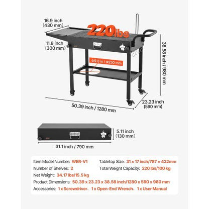 Outdoor Grill Cart, 31.0 x 17.0 inch Tabletop Size Grilling Table, Foldable Outdoor Cooking Table with Tissue Holder, Hooks, Wheels, Side Table, BBQ Prep Tables for Picnic, Kitchen, Courtyard