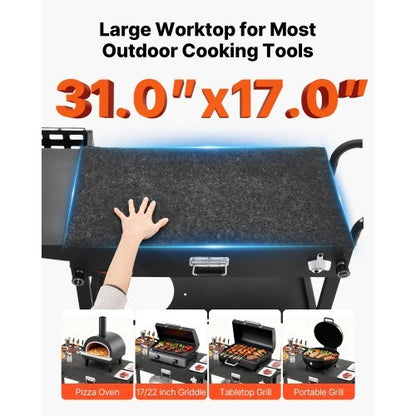 Outdoor Grill Cart, 31.0 x 17.0 inch Tabletop Size Grilling Table, Foldable Outdoor Cooking Table with Tissue Holder, Hooks, Wheels, Side Table, BBQ Prep Tables for Picnic, Kitchen, Courtyard
