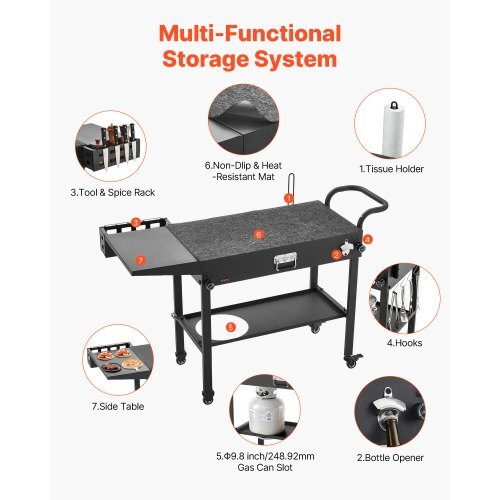 Outdoor Grill Cart, 31.0 x 17.0 inch Tabletop Size Grilling Table, Foldable Outdoor Cooking Table with Tissue Holder, Hooks, Wheels, Side Table, BBQ Prep Tables for Picnic, Kitchen, Courtyard
