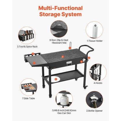 Outdoor Grill Cart, 31.0 x 17.0 inch Tabletop Size Grilling Table, Foldable Outdoor Cooking Table with Tissue Holder, Hooks, Wheels, Side Table, BBQ Prep Tables for Picnic, Kitchen, Courtyard
