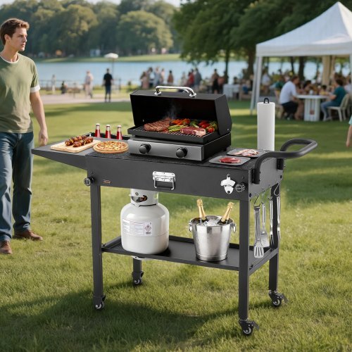 Outdoor Grill Cart, 31.0 x 17.0 inch Tabletop Size Grilling Table, Foldable Outdoor Cooking Table with Tissue Holder, Hooks, Wheels, Side Table, BBQ Prep Tables for Picnic, Kitchen, Courtyard