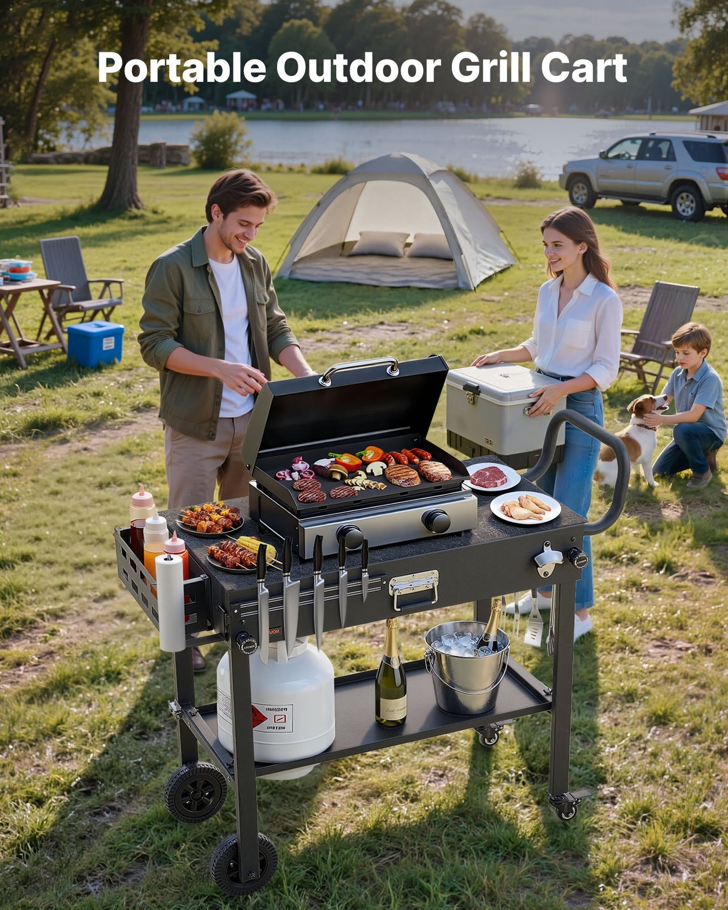 Outdoor Grill Cart, 31.0 x 17.0 inch Tabletop Size Grilling Table, Foldable Outdoor Cooking Table with Tissue Holder, Wheels, Magnetic Tool Rack, BBQ Prep Tables for Picnic, Kitchen, Courtyard