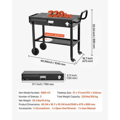 Outdoor Grill Cart, 31.0 x 17.0 inch Tabletop Size Grilling Table, Foldable Outdoor Cooking Table with Tissue Holder, Wheels, Magnetic Tool Rack, BBQ Prep Tables for Picnic, Kitchen, Courtyard