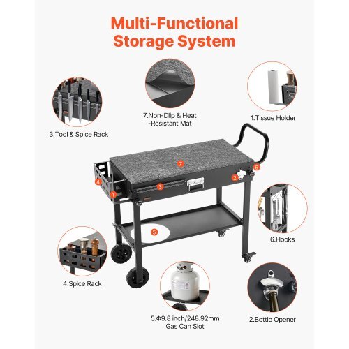 Outdoor Grill Cart, 31.0 x 17.0 inch Tabletop Size Grilling Table, Foldable Outdoor Cooking Table with Tissue Holder, Wheels, Magnetic Tool Rack, BBQ Prep Tables for Picnic, Kitchen, Courtyard